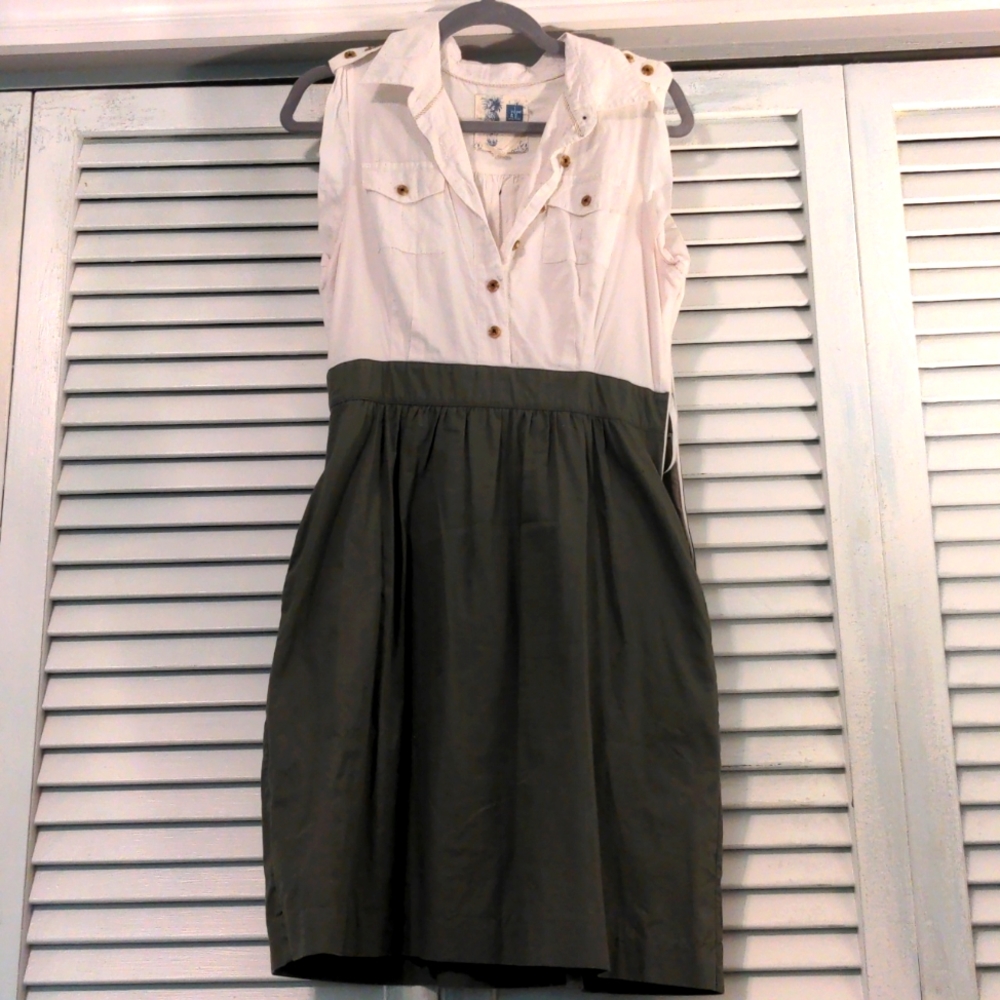Anthropologie Edme & Esyllte White & Olive Sleeveless Shirtwaist Mini Dress